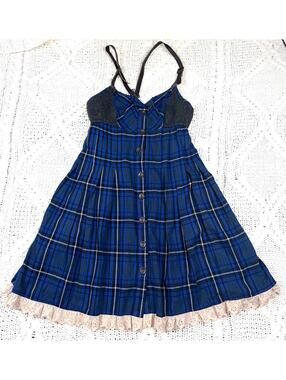 Free People Blue Plaid Pinafore Dress Lace Trim Dark Academia Grunge Boho Sz 2